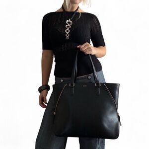 DKNY Leather Black Tote with Gold Zippers Accents